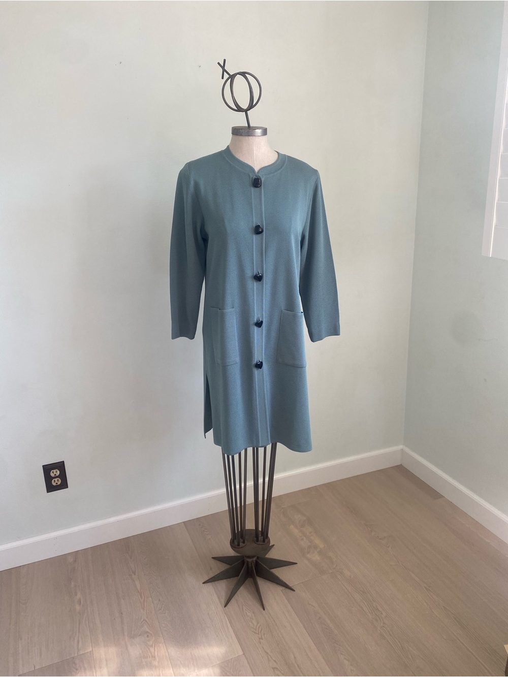 Misook Longline Button Cardigan Dress in Dusty Teal